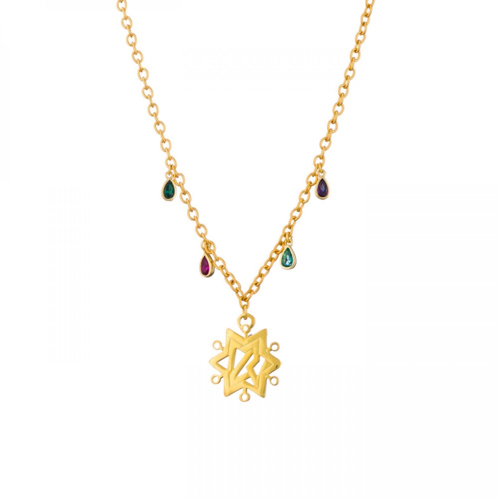 "22" Star Necklace, Gold Plated, Gold Plated Teardrop Chain With Multicolored Zirconia