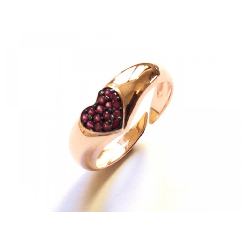 Silver ring, heart motif and red zircons