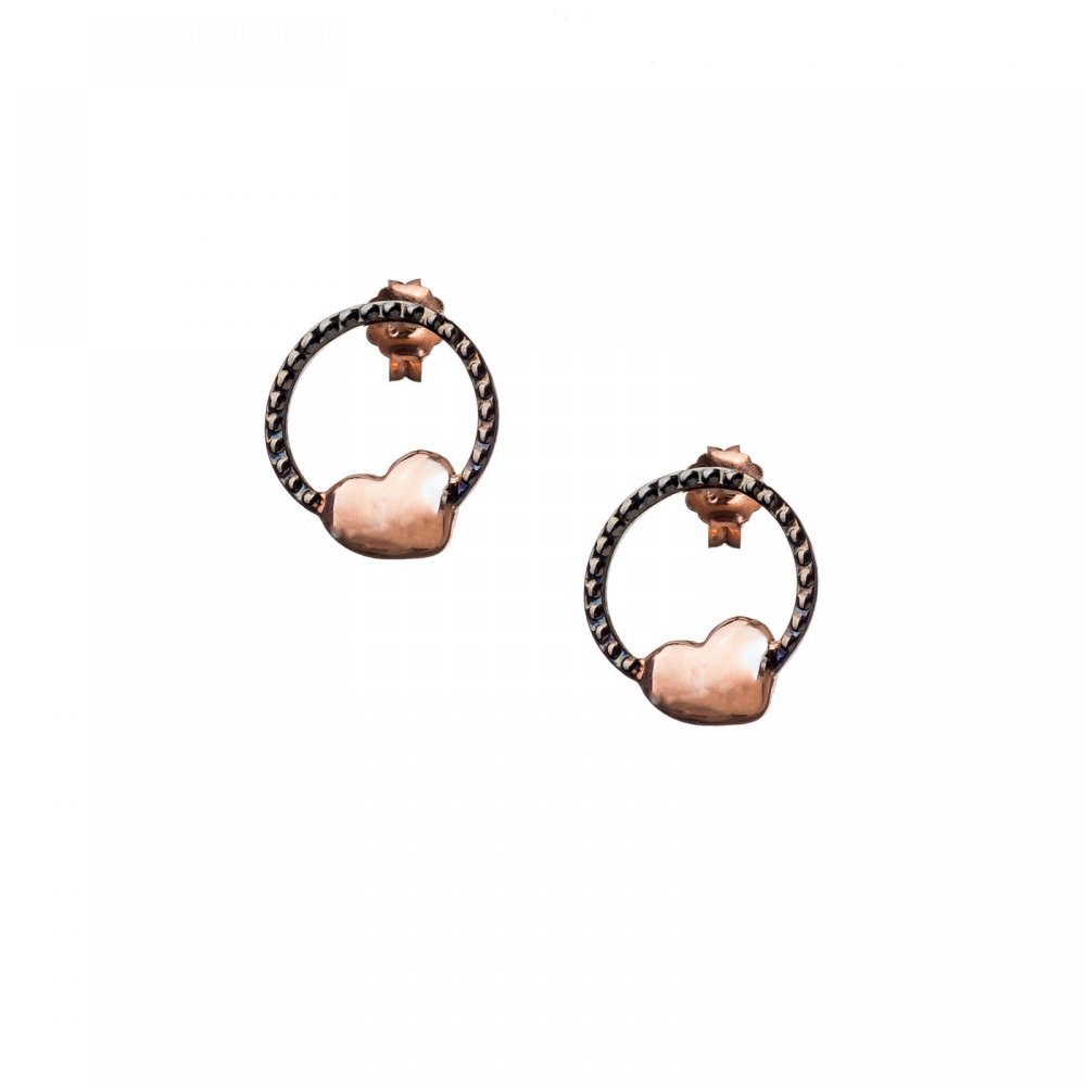 Silver earrings with black platinum & rose gold and heart motif