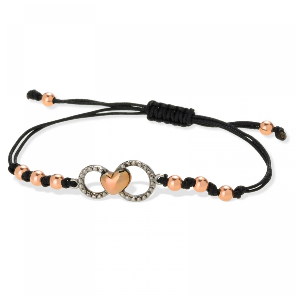 Heart Silver bracelet with black platinum, rose gold, heart motif, rose silver balls and black cord