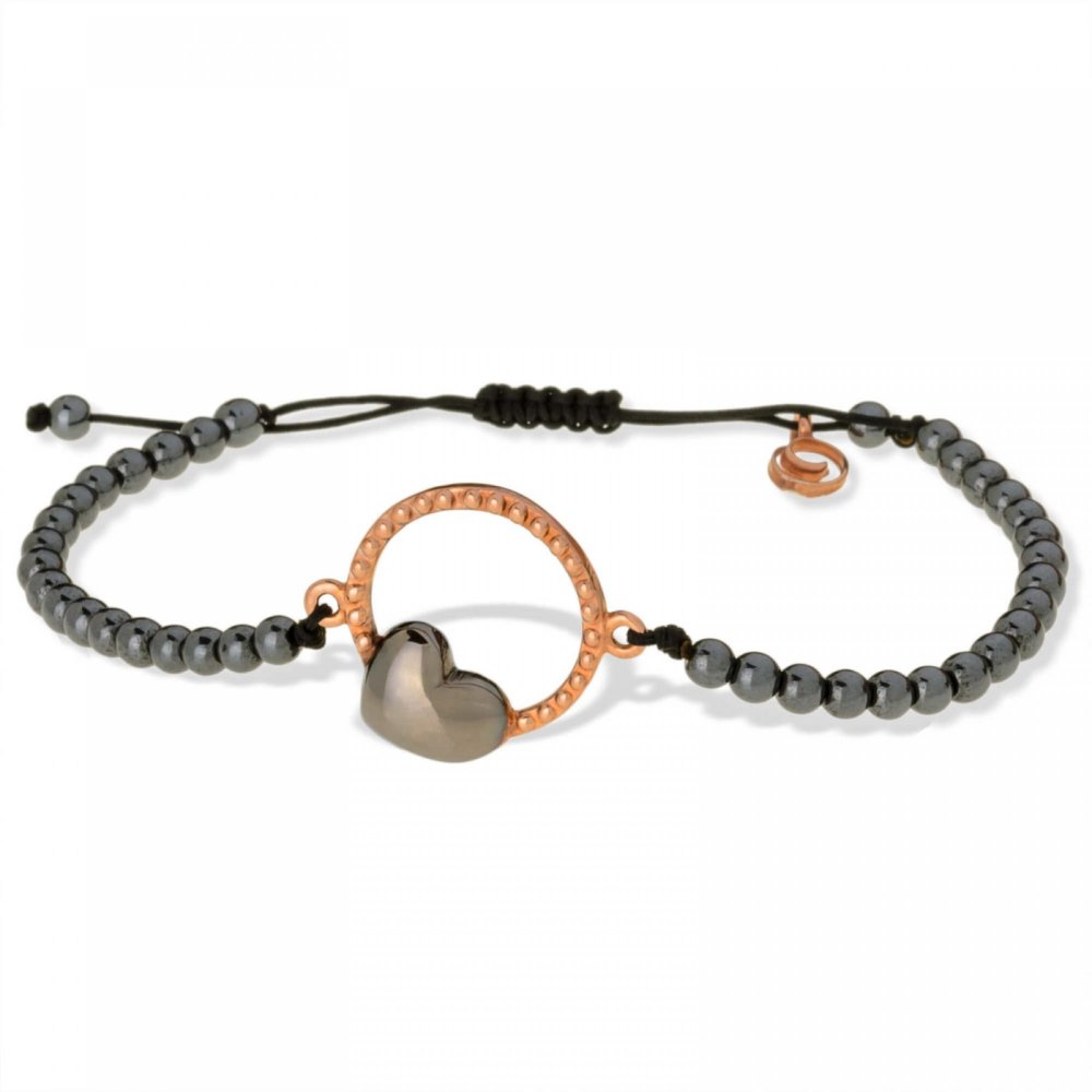 Silver bracelet with rose gold, black platinum, heart motif and hematite