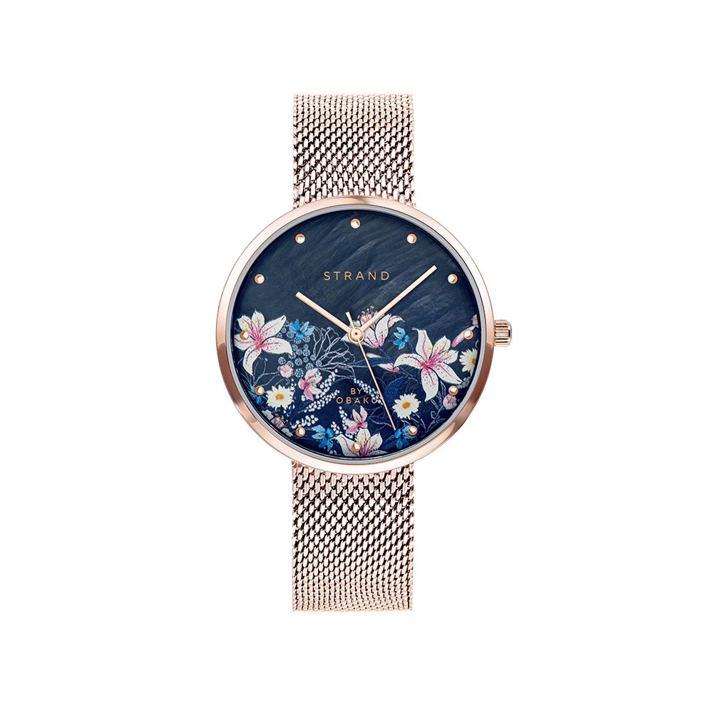 Ρολόι Strand by Obaku με ροζ χρυσό μπρασελέ και μπλε καντράν S700LXVBMV-DF