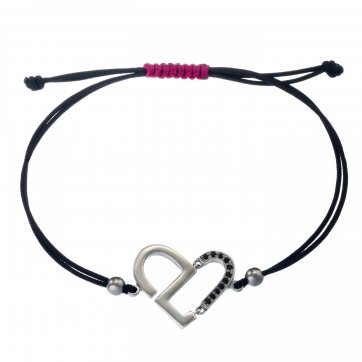 Heart Silver heart bracelet, black zircons and black double cord